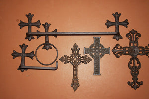 6) Cast Iron Spanish Mission Bathroom Decor, Misson Revival Cross Design, Towel Bar Rack Ring Toilet TP Holder, Set of 6 pcs