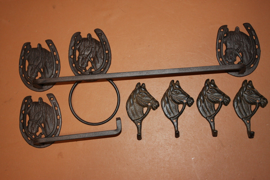 7) Country Western Horse Bathroom Decor, Towel Toilet Paper Holder set of 7 pcs Solid Cast Iron Rustic Brown Finish