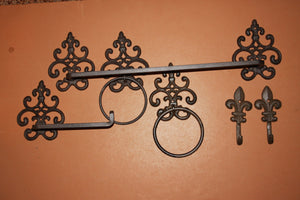 6) Fleur De Lis Bathroom Decor, Fancy French Swirl Design, Towel Rack Bar Rings Toilet Paper Holder Set of 6 pcs, Shipping Included