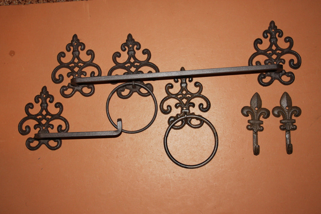 6) Fleur De Lis Bathroom Decor, Fancy French Swirl Design, Towel Rack Bar Rings Toilet Paper Holder Set of 6 pcs, Shipping Included