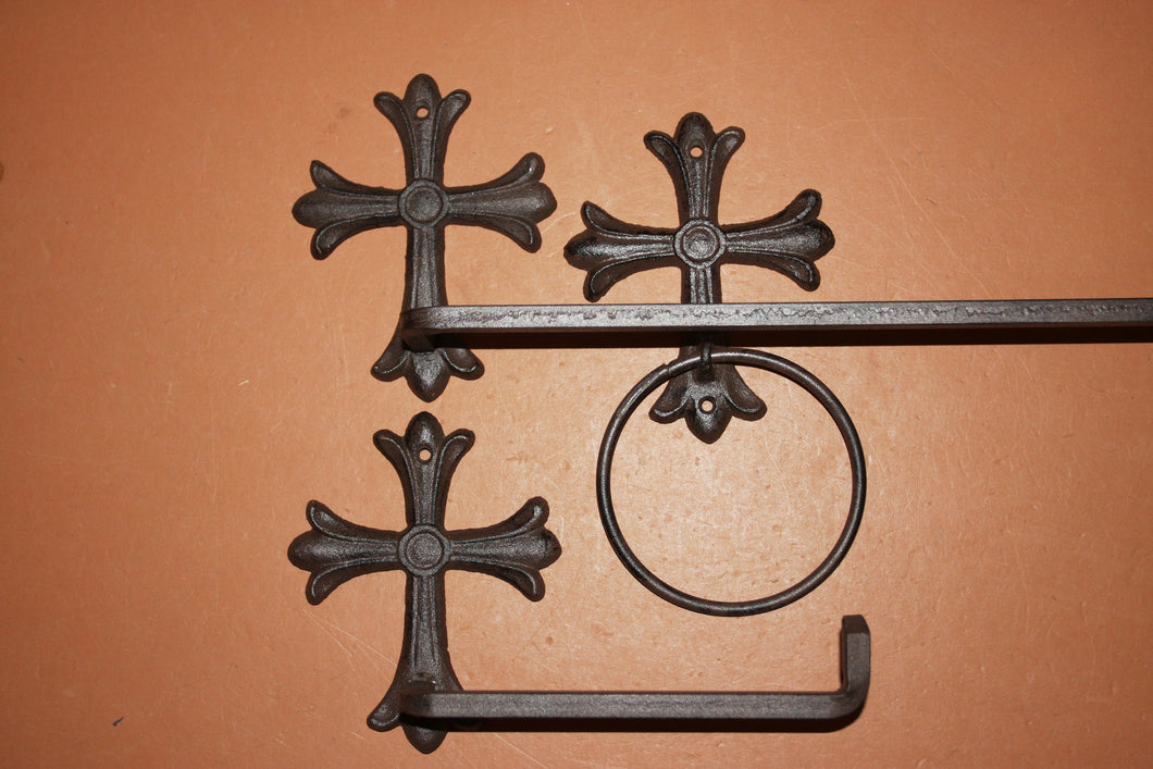 3) Cast Iron Spanish Mission Bathroom Decor, Misson Revival Cross Design, Towel Bar Rack Ring Toilet TP Holder, Set of 3 pcs