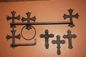 6) Cast Iron Spanish Mission Bathroom Decor, Misson Revival Cross Design, Towel Bar Rack Ring Toilet TP Holder, Set of 6 pcs