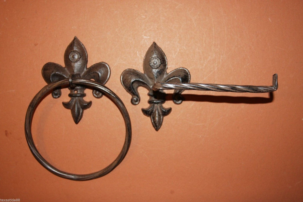2) pcs, Fleur De Lis bath accessories, free shipping, towel ring, toilet paper holder,cast iron Fleur De Lis bathroom decor, F2,3
