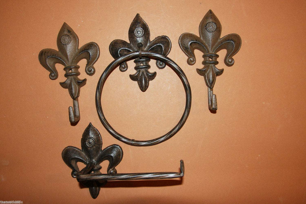 4) pcs, Fleur De Lis vintage-look bath decor, free shipping, towel ring, toilet paper holder,  cast iron Fleur De Lis, F2,3,F13x2